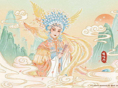 Chinese Beijing opera illustration-Chinese style 中国国潮风凤凰与京剧插画