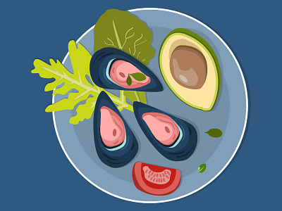 Avocado, salad, oysters and tomato on a plate avocado background information beijing cabbage blue brown card celebration chinese cabbage cuisine delicious design diet flat food menu oysters restaurant rosemary salad tomato