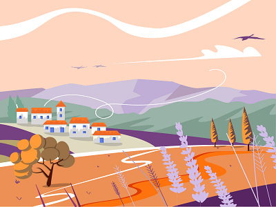 Provencal landscape, with lavender fields agriculture background colorful country countryside cypress design europe farm field flat france french green herbal house idyllic illustration landscape lavender