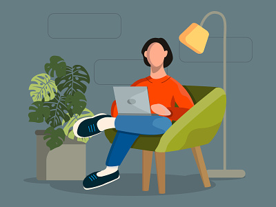 A man in an orange sweater and blue jeans working at home 2019 ncov business cartoon cat chair character communication computer concept corona design desk female flat freelance girl home home clothes homework house