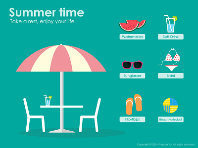Summer Time beach volleyball bikini chair flip flops life rest soft drink summer sunglasses umberlla watermelon
