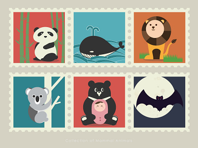 Stamps of mammal animals animal baby bamboo bat black bear grass koala lion mammal moon panda whale