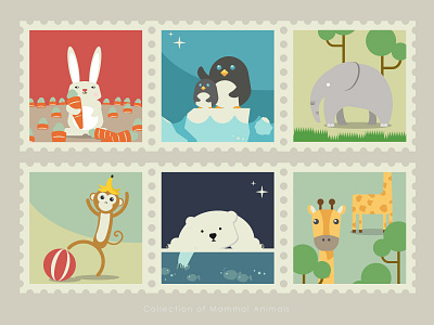 Stamps of mammal animals-2 animal banana carrot elephant giraffe ice mammal monkey ocean penguin polar bear rabbit