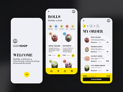 🍣Sushishop app 🍤 app clean color design food food delivery food order mobile order shop simple sushi sushi shop typography ui uidesign ux ux design yellow yellow app