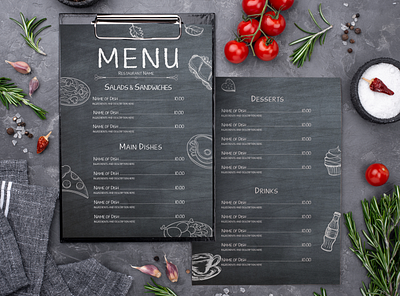 Chalk Restaurant Menu adobeindesign chalk cola cupcake design food id indesign menu mokup pizza restaurant restaurantmenu salad sandwich steak