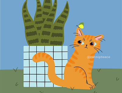 Cat With A Plant animal butterfly cat cat illustration cute flat design illustration illustrator orange cat plant simple vector