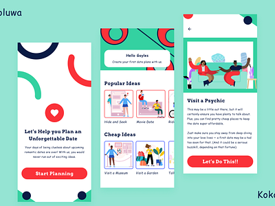 Romantic Date Planning App colorful colours comics figmaafrica figmadesign illustrations product design typogaphy uidesign