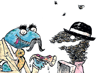 Devious Salamander Swarm bees cravat derby hat moustache pen and ink pickpocket pizza robots and monsters salamander watercolor