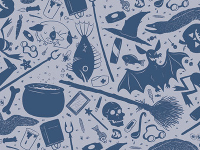 Endpapers Drawn Tiled Lg bone broom candle candy cauldron endpapers fangs fish goggles hat ladle pig sea star skull soup starfish teeth witch