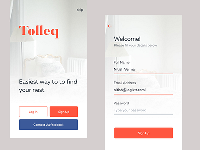 Tolleq - App Concept beautiful ui design clean ui login mobile app design mobile app ui orange theme room finder room share sign up ui design ui ux app design