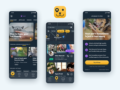 Happety - Pet App | Designflows 2020 Contest app bendingspoons dark mode dark ui designflows ios iphone mobile app pet pet app pet care pet love ui