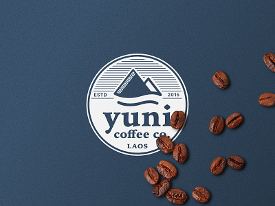 Yuni Logo badge brand branding coffee coffee shop laos line logo mountains navy pattern submark