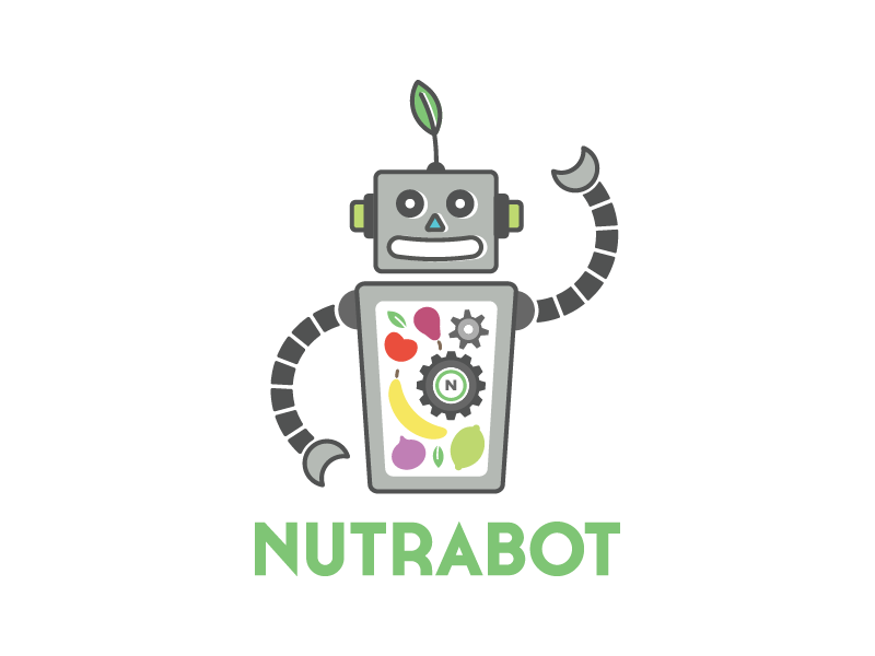 Nutrabot Logo atomic gears nutrition vegetables fruits robot healthy logo branding