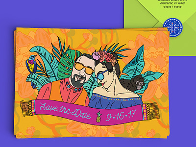 Casa Azul Wedding - Save the Date banana leaf bird cobalt floral frida kahlo hand drawn illustration invitation invite line drawing tropical wedding