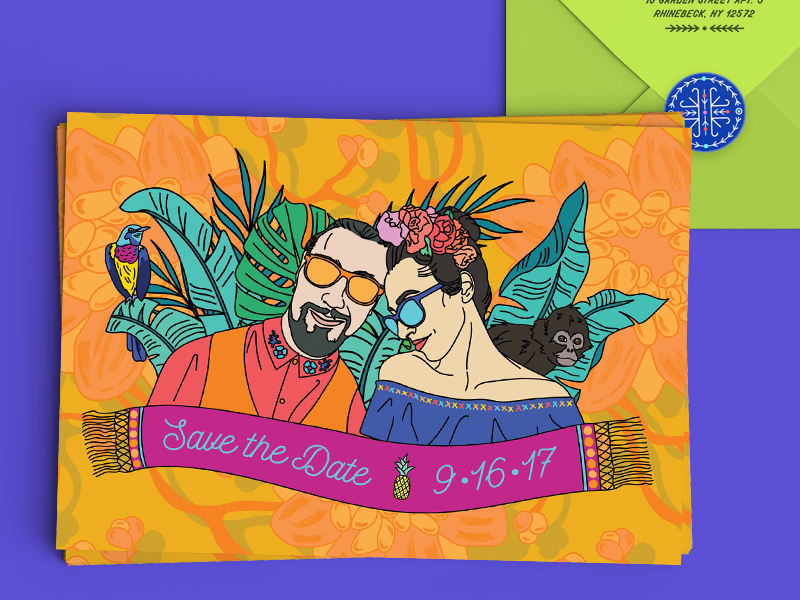 Casa Azul Wedding - Save the Date cobalt bird line drawing floral illustration invitation invite banana leaf hand drawn tropical frida kahlo wedding