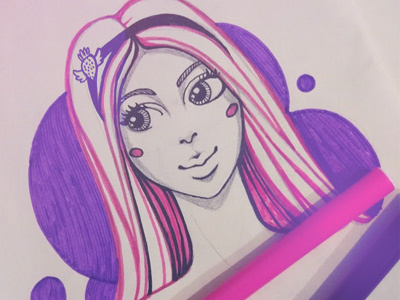 Girl face girl hair handdrawing illustration pink purple