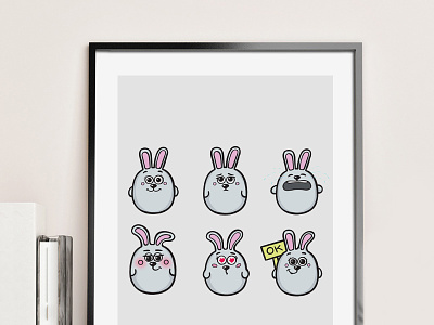 Rabbit stickers set cartoon character cute emotions feelings funny gray illustration pack rabbit set vector vector art