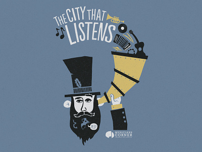 The City That Listens 3 color beard blue concert ear horn hat illustration instruments mouse music screenprint t shirt