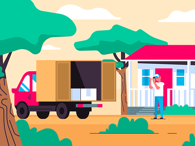 Good Delivery branch delivey drive happy house illustrator three truck vector