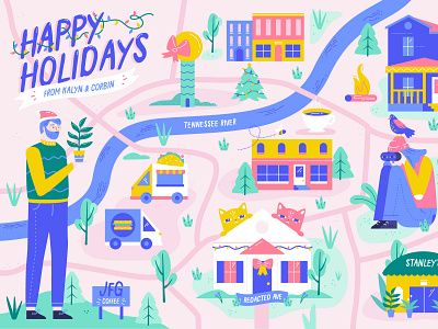 family holiday card cat character christmas food truck holiday holiday card home illustration knoxville postcard