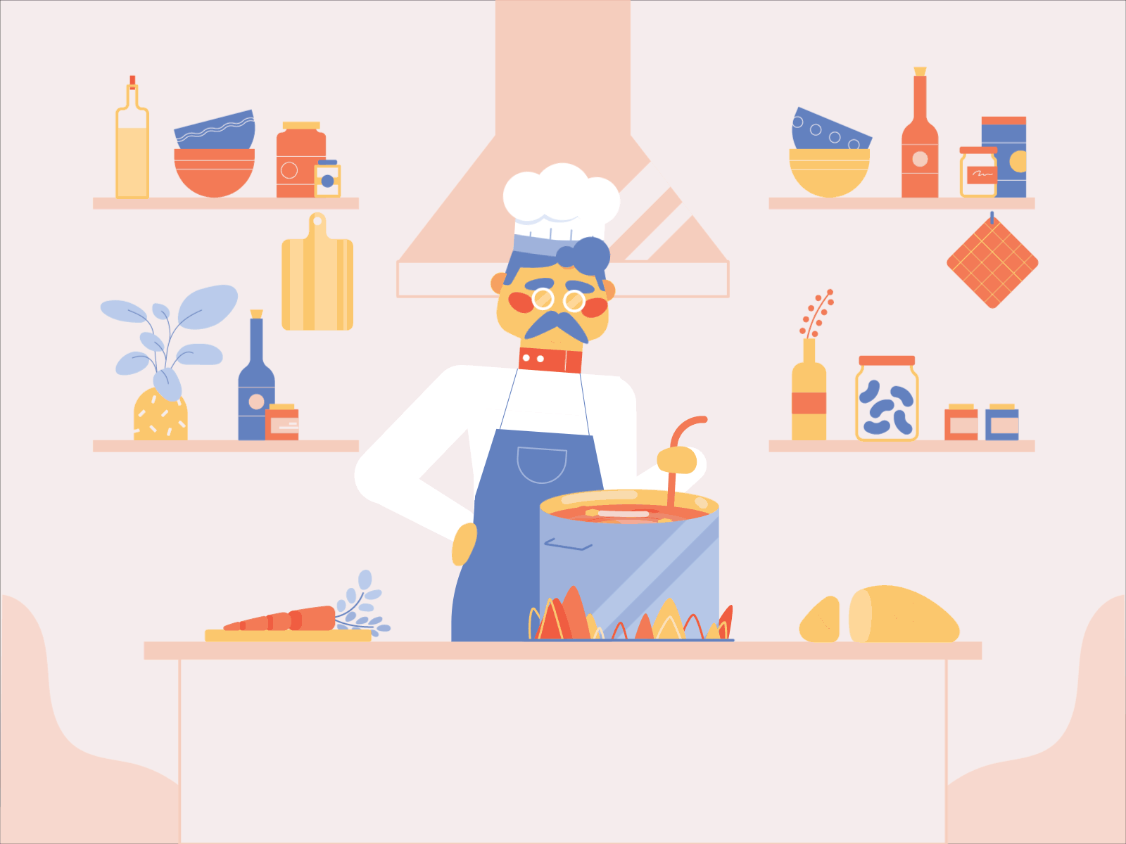Proud soup man animation character chef cooking food kitchen motion graphics pot scene soup
