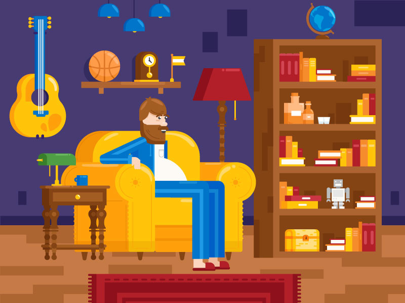 A mancave chair clock lamp illustration character living room bookcase guitar mancave dad bod