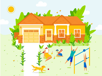 Family Summer butterflies characters family home illustration summer volleyball yard
