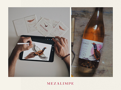 Mezalimpe branding ffeather illustration merlot pheasant rose winelabel