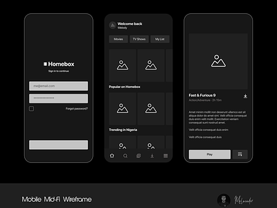 Mobile Mid-Fi wireframe app design designer mid-fi mobile streaming app ui wireframe