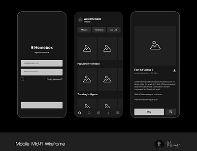 Mobile Mid-Fi wireframe app design designer mid fi mobile streaming app ui wireframe