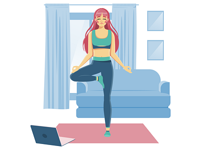 Online yoga classes cartoon character design flat graphic design home illustration quarantine sports vector web