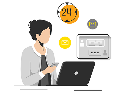 Round-the-clock customer support black and white character cusotmer design flat illustration lady screen support vector web woman