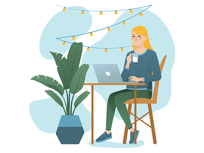 Freelancing cafe character design flat freelance freelancer home illustration lady laptop lifestyle plant table vector web woman