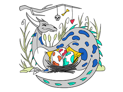 Nest animal cartoon character colour concept design dragon flat illustration line magic vector web