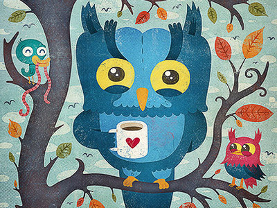 Shift Work autumn birds editorial illustration owl texture tree