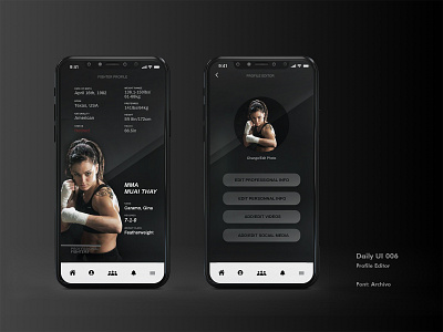 Daily UI #006 - Profile Editor app appdesign boxe dailyui dailyui006 dailyuichallenge design editor fighter gradient interfacedesign mhuitay mma profile profileeditor ui uidesign xd