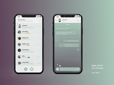 Daily UI #013 - Direct Messaging app appdesign dailyui dailyuichallenge design directmessaging gradient interfacedesign message app messaging ui uidesign uidesign013 xd