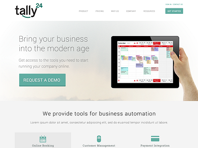 tally24 early stage design homepage product shot splash webdesign