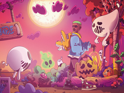 KIDS SEE GHOSTS art artwork cartoon characterdesign comicstyle design halloween illustration illustrator rap wallpaper