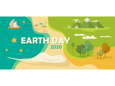 Earth Day Banner Illustration beach clouds flat design flat illustration happy illustration illustrator llama llamas minimalist sea summer surf