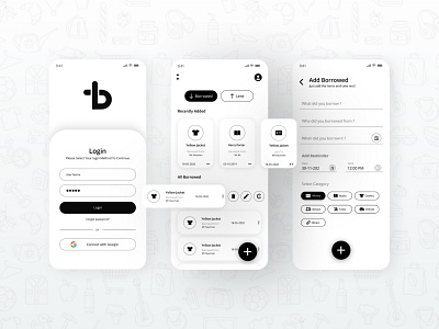 Borrwed App add app black black and white borrower custom design dailyui design dribbble home lent login minimal reminder ui ux white