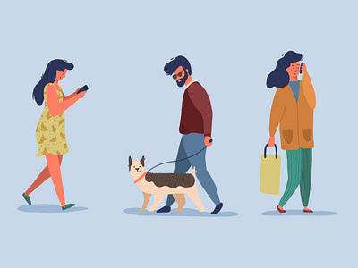 People Walking character dog dress illustration man people phone shopping bag walking woman