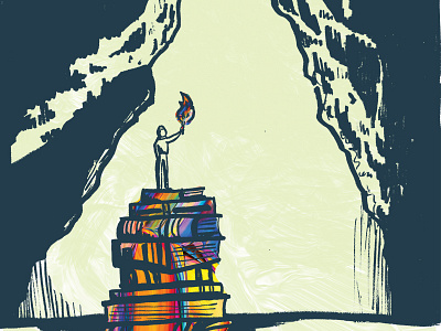 Seeking books cave depth illustration light paint searching seeking torch wisdom