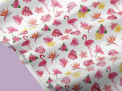 Watercolor flamingo and flowers seamless pattern