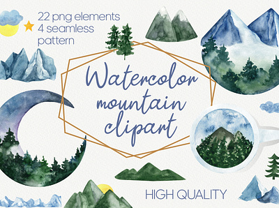 Mountain watercolor collection blue clipart coniferous design fir tree hand drawn illustration landscape mountain nature rock trendy design watercolor