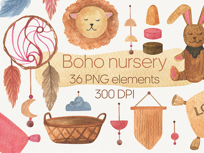 Boho nursery watercolor clipart. Modern boho PNG collection with home decor clipart