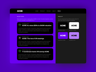 Press Page - DailyUI 051 051 daily ui dark theme design press press page press release ui