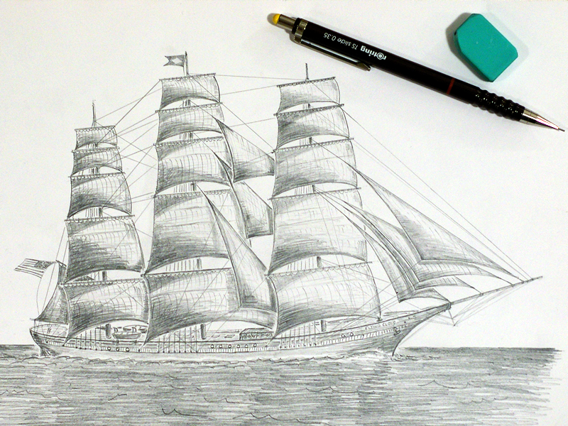 ...Flying Cloud! ship drawing pencil black white paper flying cloud doodling clipper