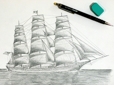 ...Flying Cloud! black white clipper doodling drawing flying cloud paper pencil ship