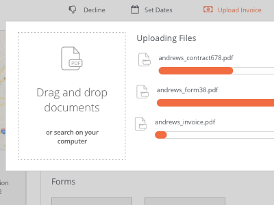 Document Upload drag and drop interface pdf upload progress bar tracking ui upload